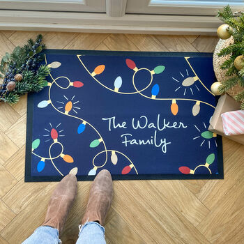 Personalised Navy Christmas Lights Family Doormat, 4 of 4