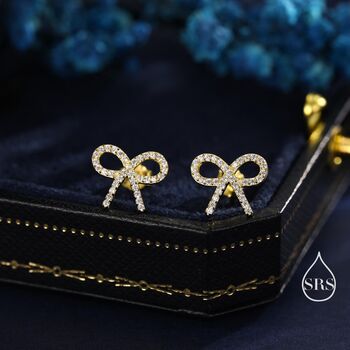 Sterling Silver Cz Ribbon Bow Stud Earrings, 3 of 12