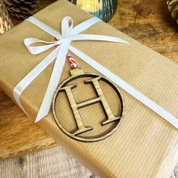 Personalised Oak Veneer Initial Christmas Bauble Gift Wrapping, 5 of 5