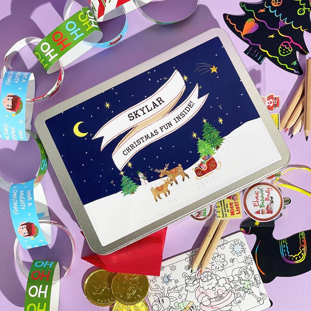 Personalised Christmas Activity Tin Letterbox Gift, 1 of 5