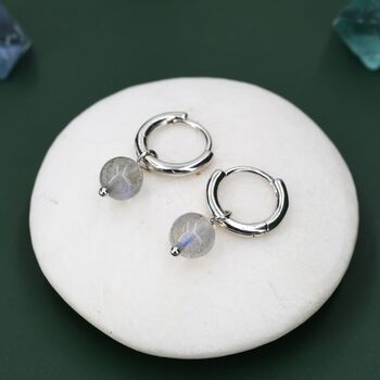 Sterling Silver Genuine Labradorite Stone Beaded Huggie Hoop Earrings, 2 of 11