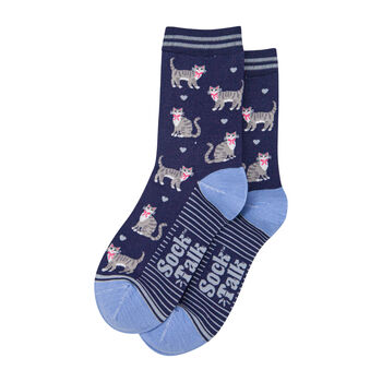 Grey Tabby Cats Women's Bamboo Socks Navy Blue, 2 of 4