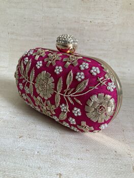 Hot Pink Raw Silk Oval Pearl Clutch Bag, 5 of 10