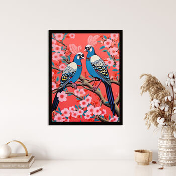 Cherry Blossom Chichi Birds Pink Blue Wall Art Print, 4 of 6