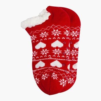Women's Short Slipper Socks Grip Sole Red Fair Isle, 3 of 3