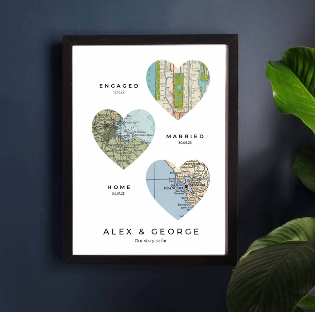 Personalised Love Story Heart Framed Vintage Map Print