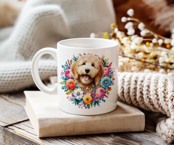 Personalised Golden Doodle Summer Floral Dog Wreath Cushion And Mug Gift Bundle, 2 of 4