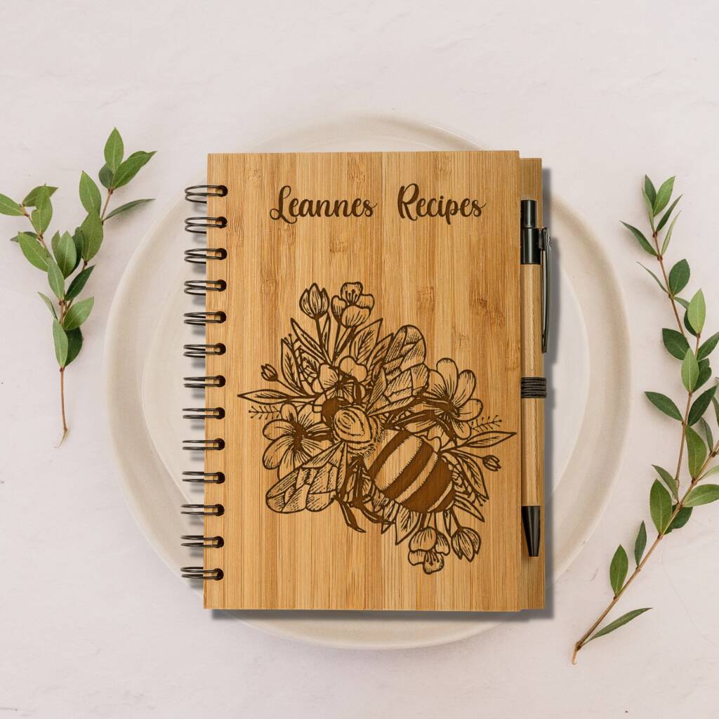Personalised Bamboo Floral Bee Notebook Eco Paper Pen, 1 of 6
