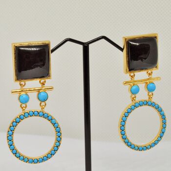 Black Onyx, Turquoise Gold Drop Earrings, 4 of 6