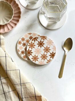 Geometric Patterned Tile Round Ceramic Coaster Set, 4 of 8