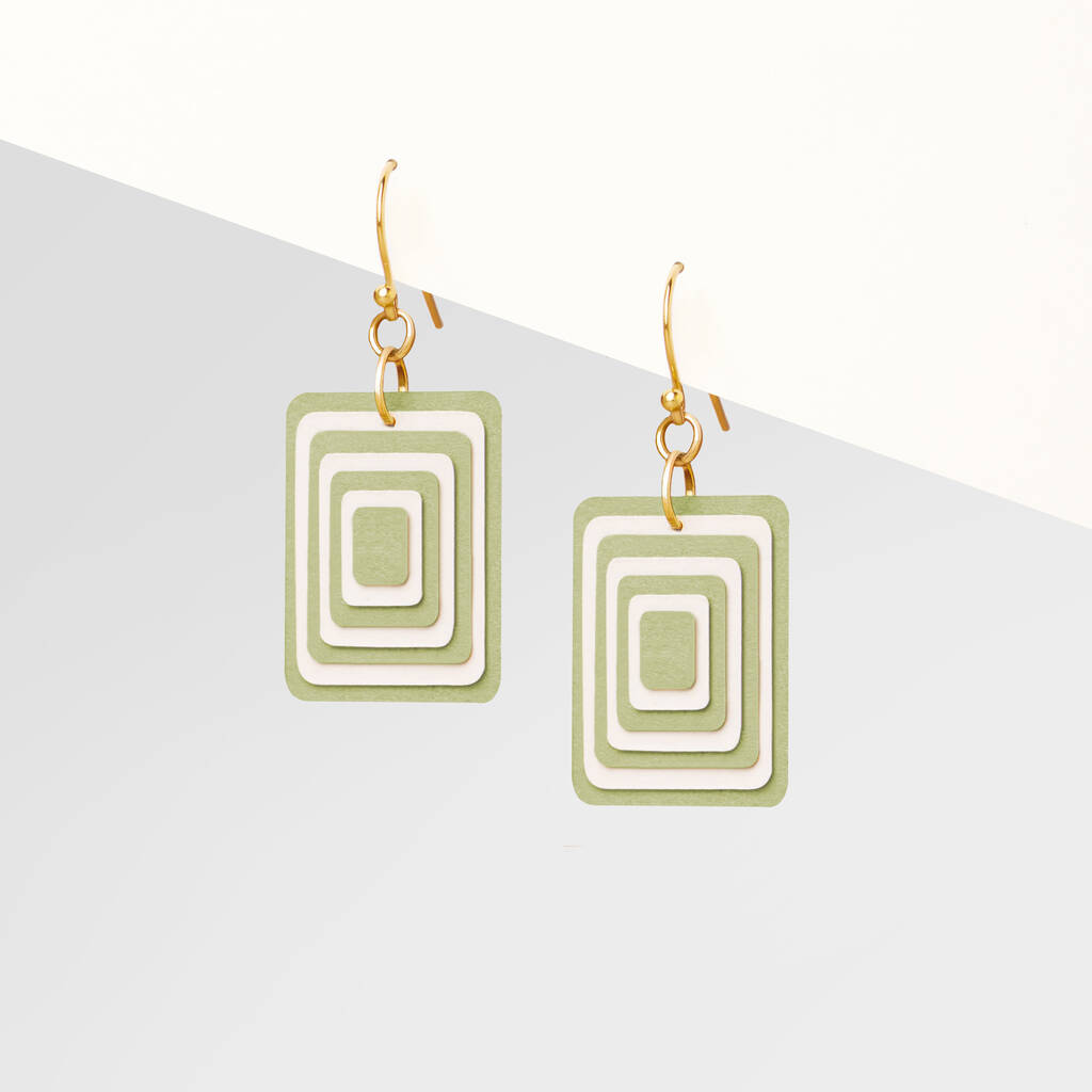 Green And Cream Geometric Rectangle Earrings • Gold Plated Sterling Silver Hooks, 1 of 9