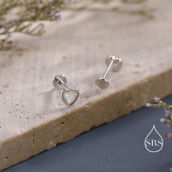 White Opal Heart Screw Back / Flat Back / Stud Earrings In Sterling Silver, 5 of 12