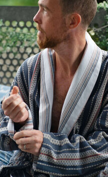 Organic Cotton Reversible Dressing Gown Robe Blue Aztec, 6 of 7