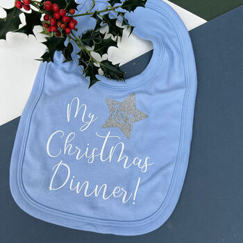 My First Christmas Dinner Blue And Silver Bib, 2 of 4
