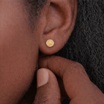 Gold Plated Sterling Silver Sunburst Circle Disc Stud Earrings – 5mm, 4 of 9