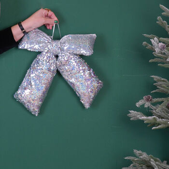 Large Silver Sequined Christmas Bow, 2 of 3