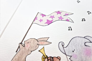 Personalised Pink Animals On Parade Nursery Art Print, 4 of 11