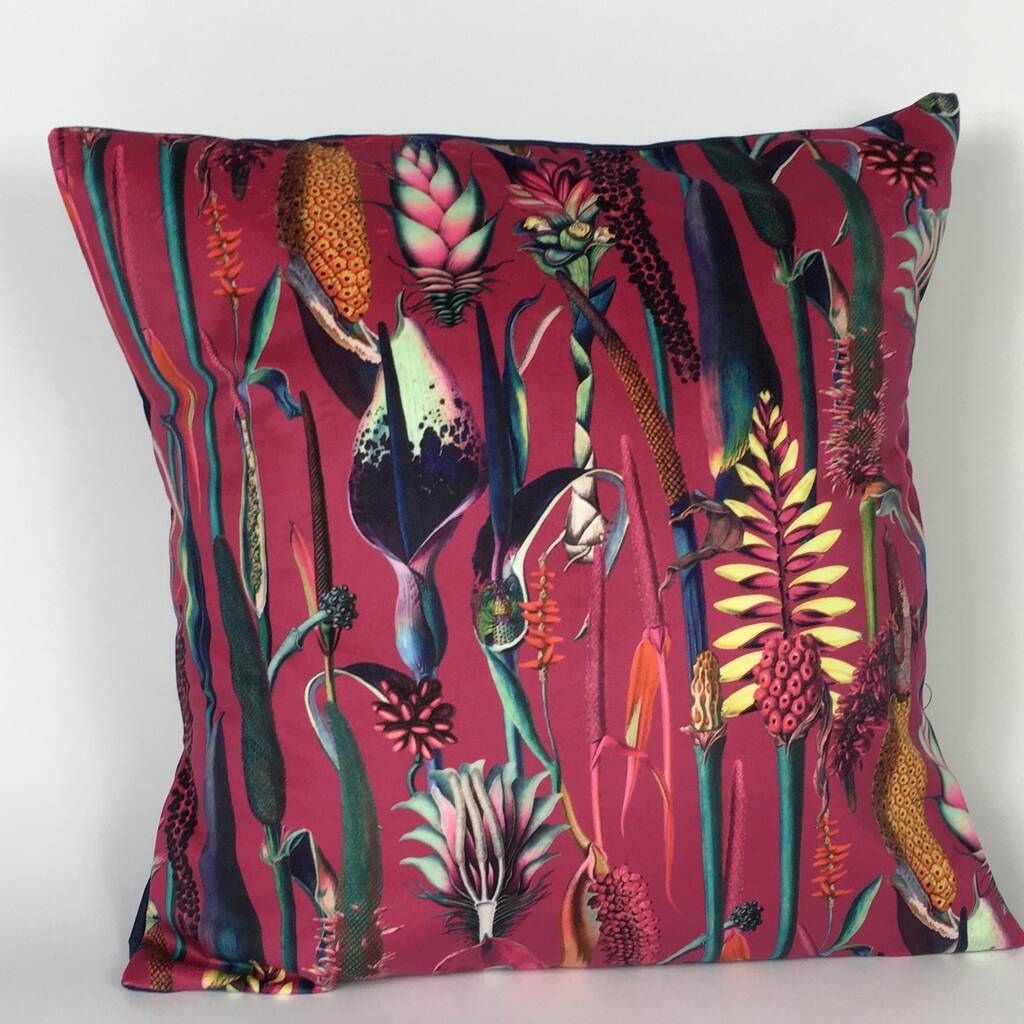 Velvet Tropical Plants Cushion Cover On Pink, 1 of 5