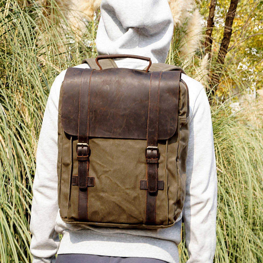 Water Repellent Waxed Canvas Backpack With Leather Flap By EAZO ...