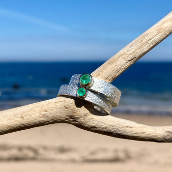 May Birthstone Ring Emerald In Textured Sterling Silver And 9ct Gold, 5 of 8