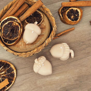 Set Of Three Beige Acorn Shaped Autumn Candles, 8 of 10