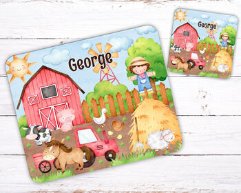 Kids Personalised Farm Theme Placemat, Coaster And Mug Dinner Set, 2 of 6