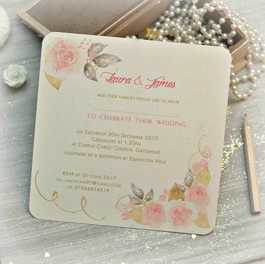 Gold And Pink Rose Wedding Invitations By Beautiful Day