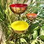 Set Of Three Copper Rain Catchers – Tangerine, Green And Red Garden Sculpture On Curved Iron Pole, thumbnail 3 of 4