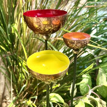 Set Of Three Copper Rain Catchers – Tangerine, Green And Red Garden Sculpture On Curved Iron Pole, 3 of 4
