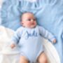 Blue Personalised Embroidered New Baby Name Long Sleeve Knitted Romper, thumbnail 2 of 12