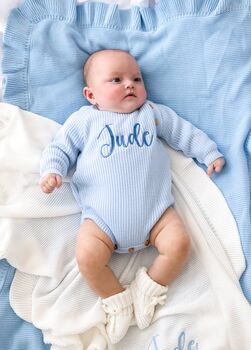 Blue Personalised Embroidered New Baby Name Long Sleeve Knitted Romper, 2 of 12