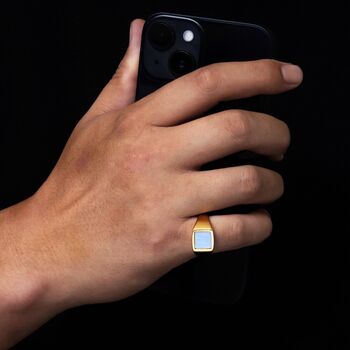 Gold Men's Blue Lace Agate Gemstone Square Signet Ring, 3 of 12
