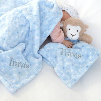 Personalised Blue Monkey Comforter And Blanket Set, 2 of 6