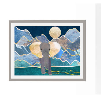 Gold Blue Elephant Original Art Mountain Moon Print, 2 of 3
