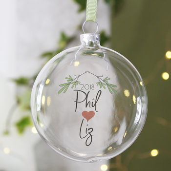Couples Personalised Mistletoe Glass Christmas Bauble, 4 of 8