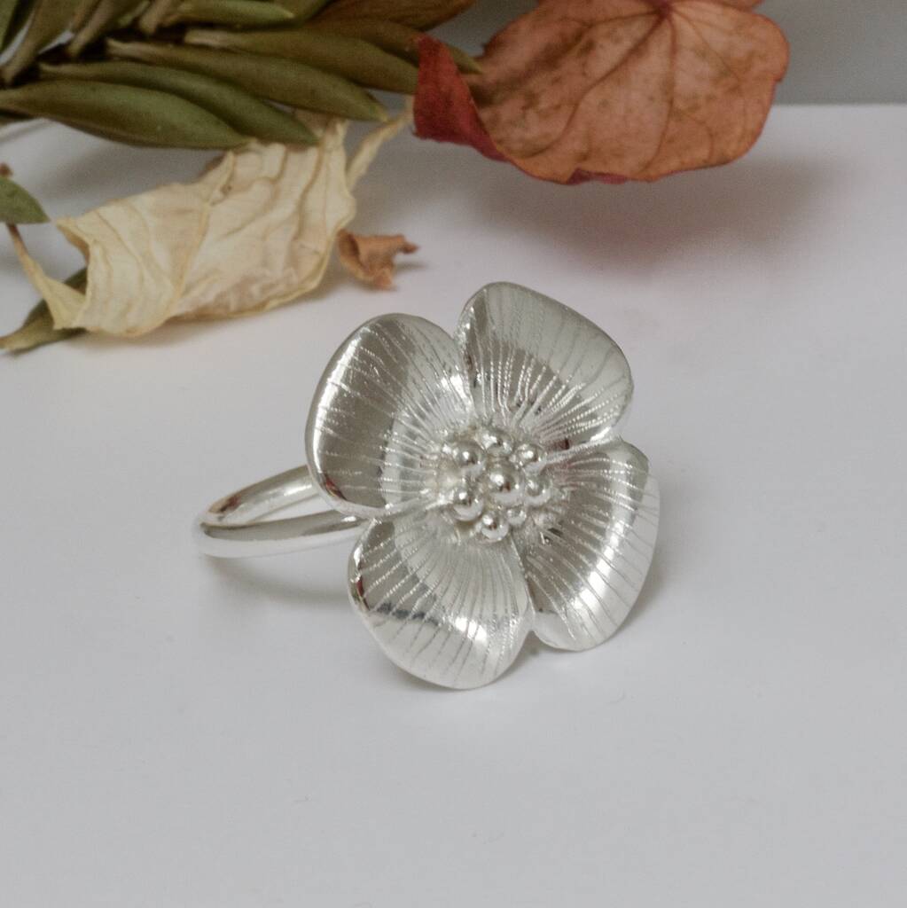 Silver Four Petal Flower Ring, Silver Floral Ring By Caroline Brook