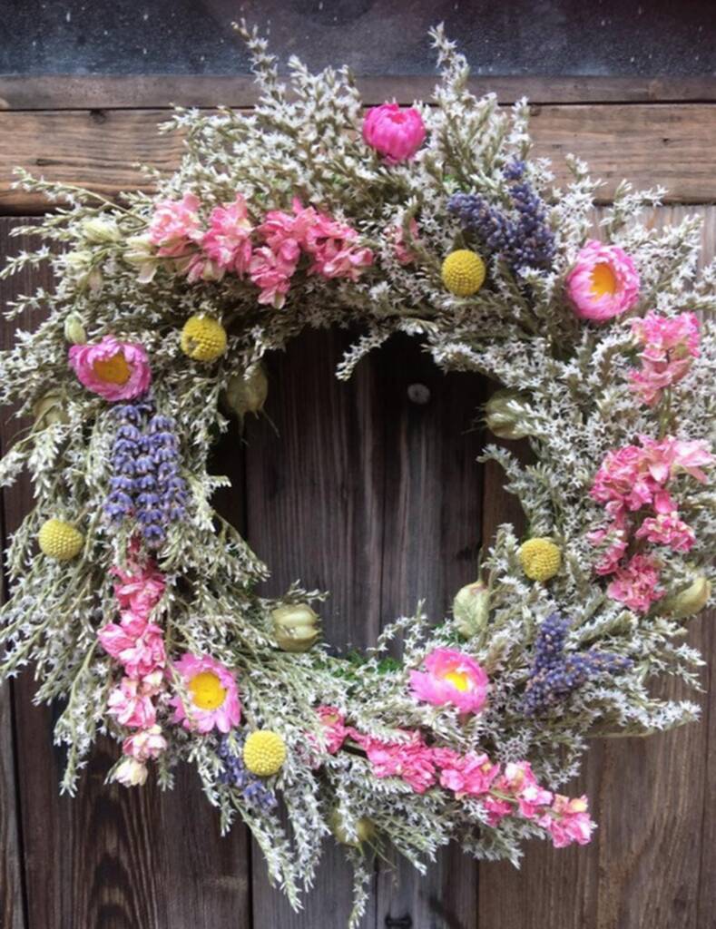 Pink And Blue Dried Flower Wreath