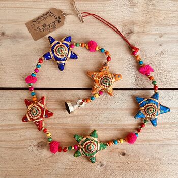 Recycled Fabric Star And Pom Pom Hanging Bells, 5 of 7