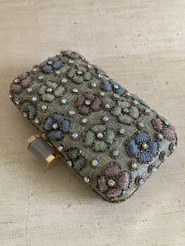 Grey Handcrafted Multicoloured Flower Rectangular Clutch, 2 of 11