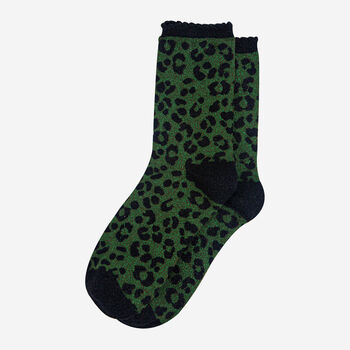 Women's Khaki Green Leopard Print Glitter Socks, 4 of 4