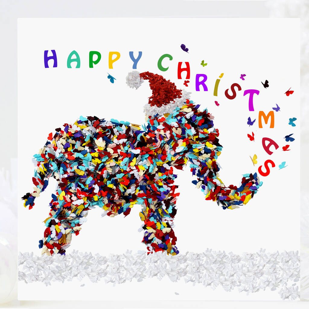 Five Christmas Elephant Santa's Hat Butterflies Card, 1 of 12