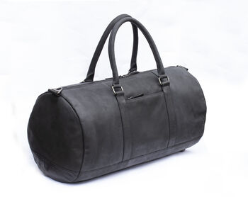 Black Leather Travel Duffle Bag Holdall With Personalised Luggage Tag, 5 of 5