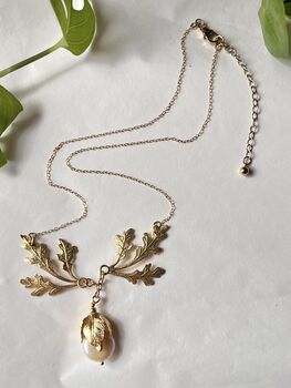 The Agatha Necklace Pearl Oak Leaf Baroque Coin Freshwater Gold Filled Handmade, 2 of 9