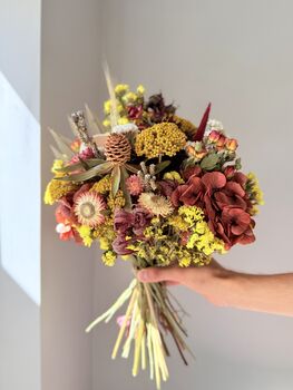 Dried Yellow Flower Bouquet With Deep Red Hydrangea, 2 of 5
