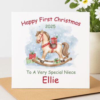 Personalised Rocking Horse First Christmas Card, 2 of 2