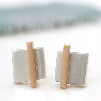 Geometric Earrings. Square Silver And 9ct Gold Studs, 7 of 11