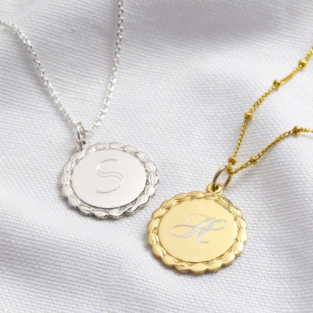 Personalised Initial Sterling Laurel Leaf Disc Necklace By Lisa Angel