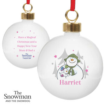 Personalised The Snowman And The Snowdog Pink Bauble, 5 of 5