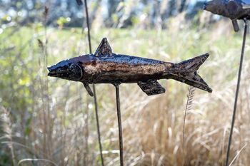 Fish On Rod Handmade Recycled Metal Garden Ornament, 2 of 3