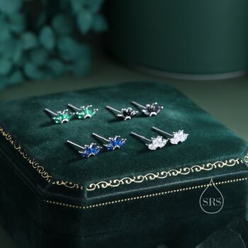 Sterling Silver Sapphire Blue Cz Lotus Flower Screw Back Earrings, 3 of 12